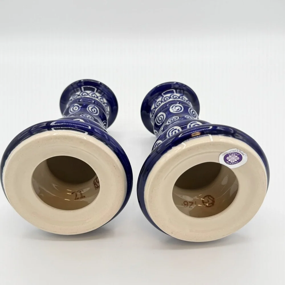 Vintage Pair Polish Pottery Boleslawiec Candlesticks Blue Swirl Handmade Poland